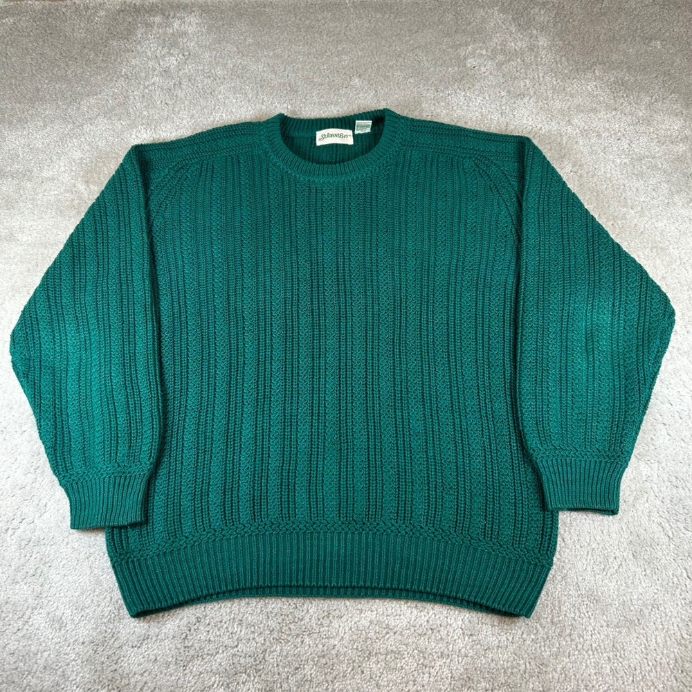 Vintage St. Johns Bay Sweater Mens Large Green Ribbed Knit Ramie Cotton Crewneck